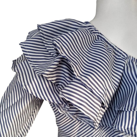 Asymmetrical Off Shoulder Ruffle Neckline Stripe Blouse Top Summer Blue White - Picture 5 of 6